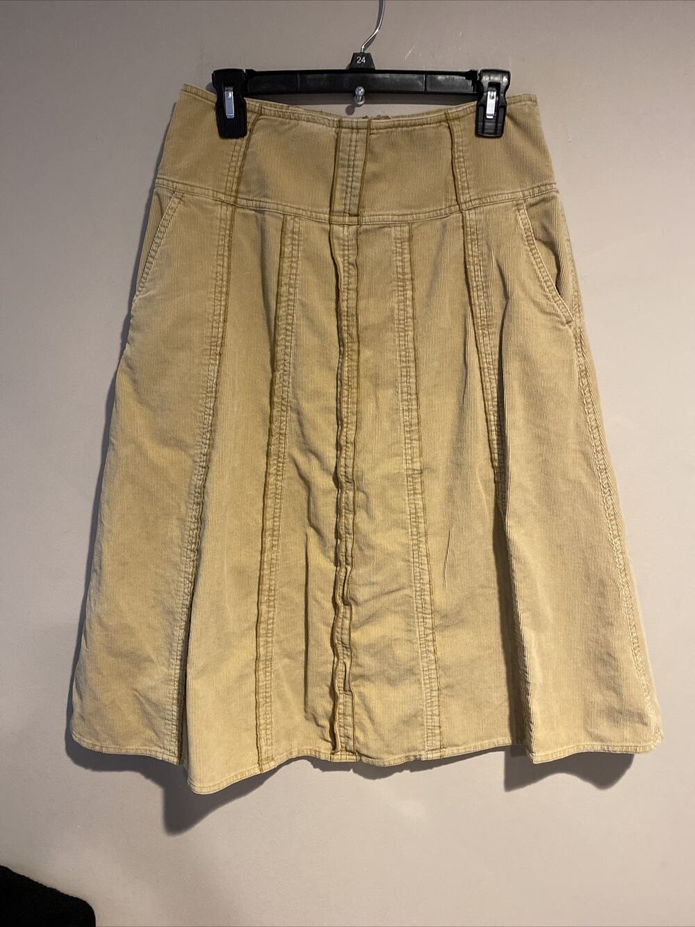 J Jill Beige Corduroy A Line Midi Skirt Pockets Western Cow Girl Boho Sz 4